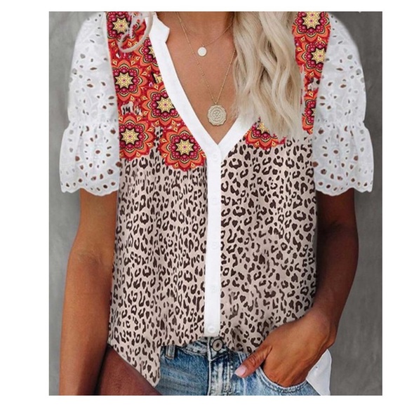 Leopard and Eyelet Sleeve Floral Blouse